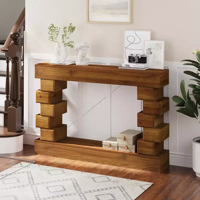 GDFStudio Ada Rustic Geometric Block Stacked Wood Console Table