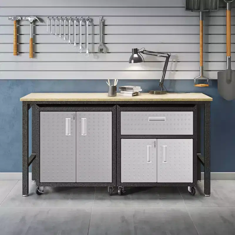 Manhattan Comfort Fortress 3pc Mobile Space Saving Garage Cabinet and Worktable Set 2.0 Gray: Lockable Storage, Adjustable Shelves, Casters