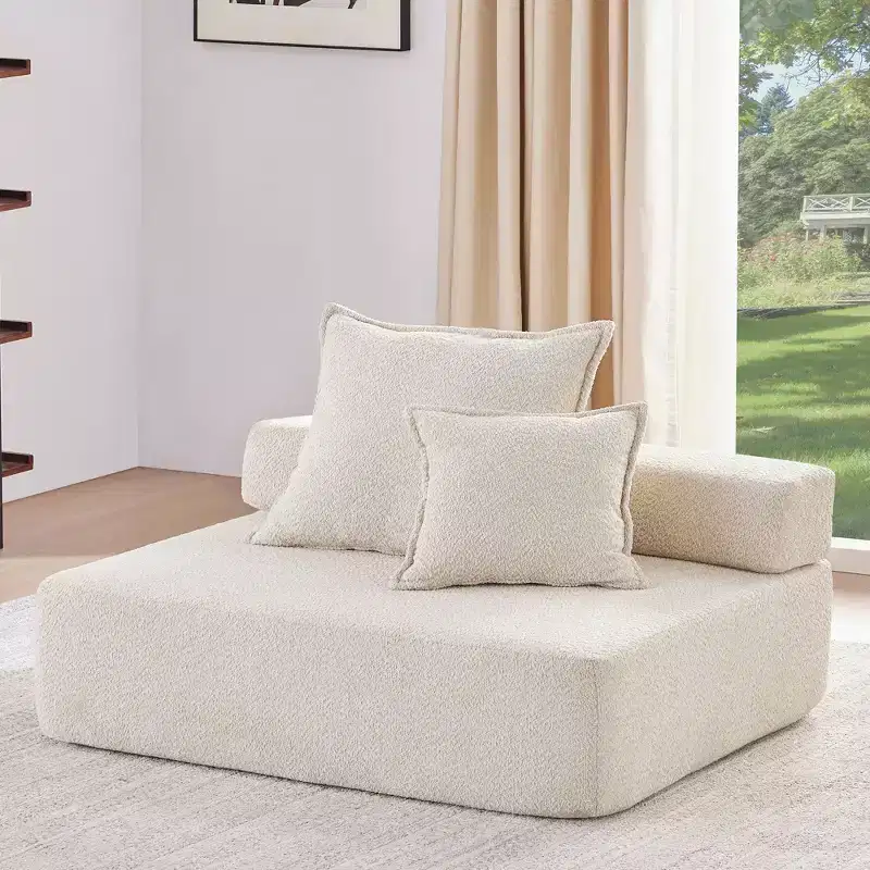 Oversized Modular Boucle Corner Sofa Seat, Foam-Filled Floor Couch with 2 Pillows, Convertible Sectional, 1 Seat, Beige