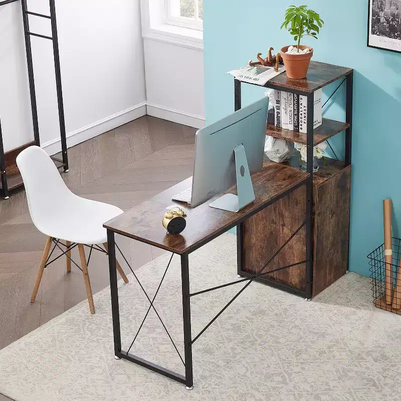 Wood Computer Desk with Drawer, Storage Cabinet, and Bookshelf