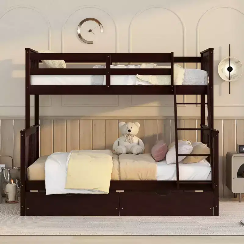 Whisen Twin over Full Bunk Bed with Ladders and Two Storage Drawers