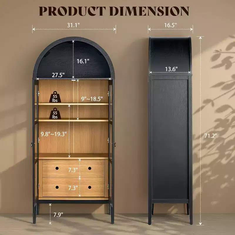 AMERLIFE 71 Tall Arched Storage Cabinet with Glass Doors & Drawers for Living Room, Black Oak