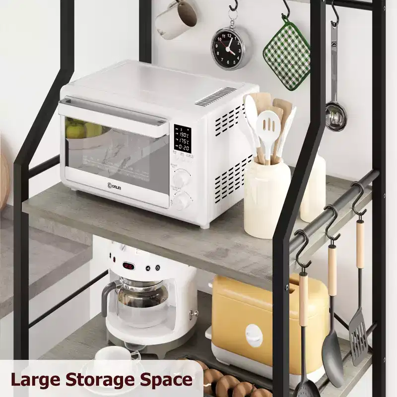 Freestanding Kitchen Bakers Rack, 5 Tier Microwave Stand with Wire Basket & Adjustable Feet, 50.7'' Tall Industrial Coffee Bar Statio