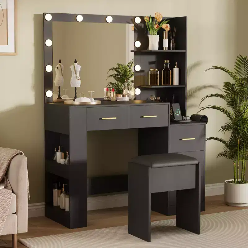 Makeup Vanity Desk with Mirror, 41W Dressing Table with 5 Drawers & Open Storage Shelves, Makeup Vanity Set with Cushioned Stool for Bedroom
