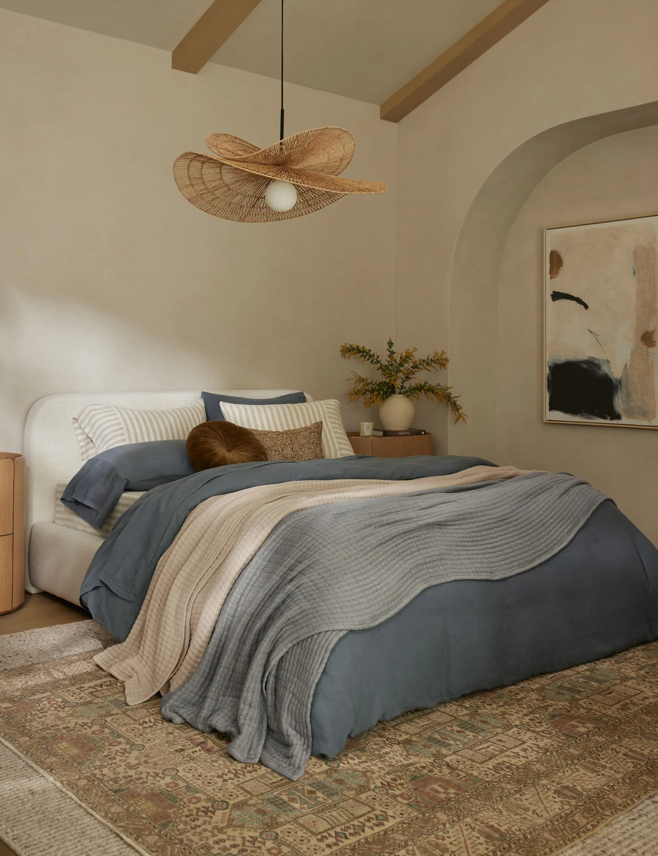 Bed A streamlined design and low, rounded headboard bring soft appeal to this upholstered bed frame. Choose from a wide range of fabrics and tones