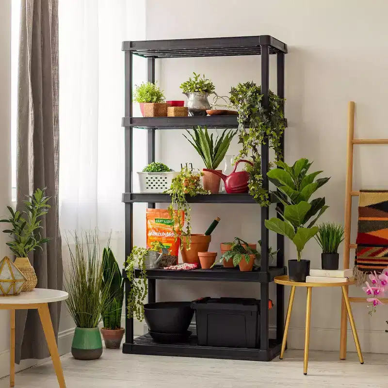 Heavy Duty 5-Tier Plastic Utility Shelf – Black, 100 lb Per Shelf, No Assembly