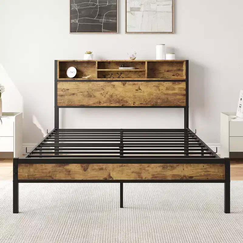 MAYEERTY Full Black Metal Platform Bed Storage Headboard Charging Station Bookcase No Box Spring Easy Assembly Quiet