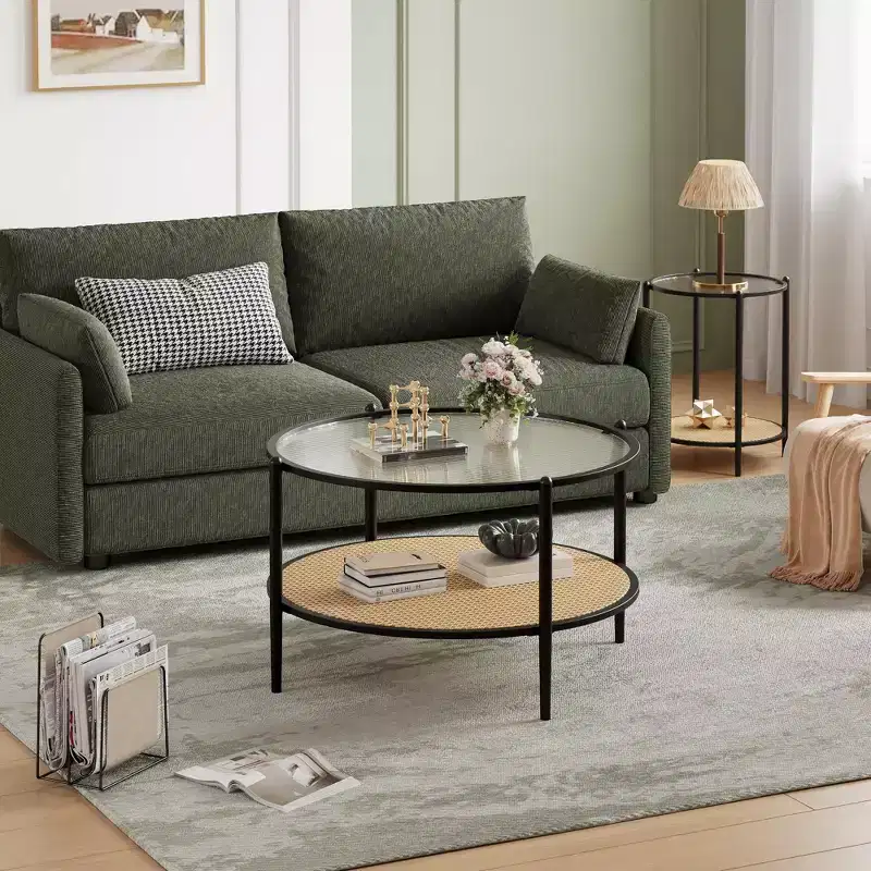 Round Coffee Table with Storage Shelf, 30 Modern Simple 2 Tier Boho Glass Top Metal Center Table, Farmhouse Circular Cocktail Tables for Living Room