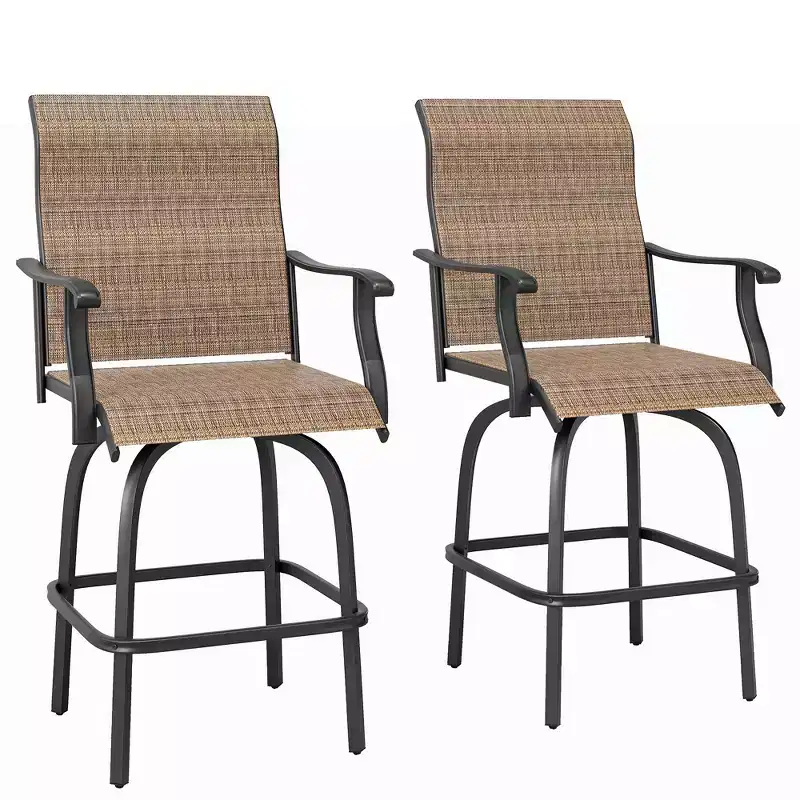 Set of 2 Outdoor Swivel Bar Stools with Armrests, Bar Height Patio Chairs with Steel Frame for Balcony, Poolside