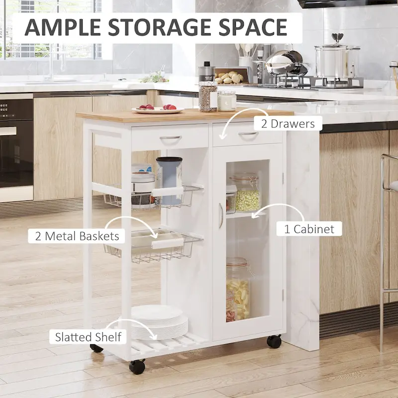 HOMCOM 28 White Rolling Kitchen Trolley Serving Cart