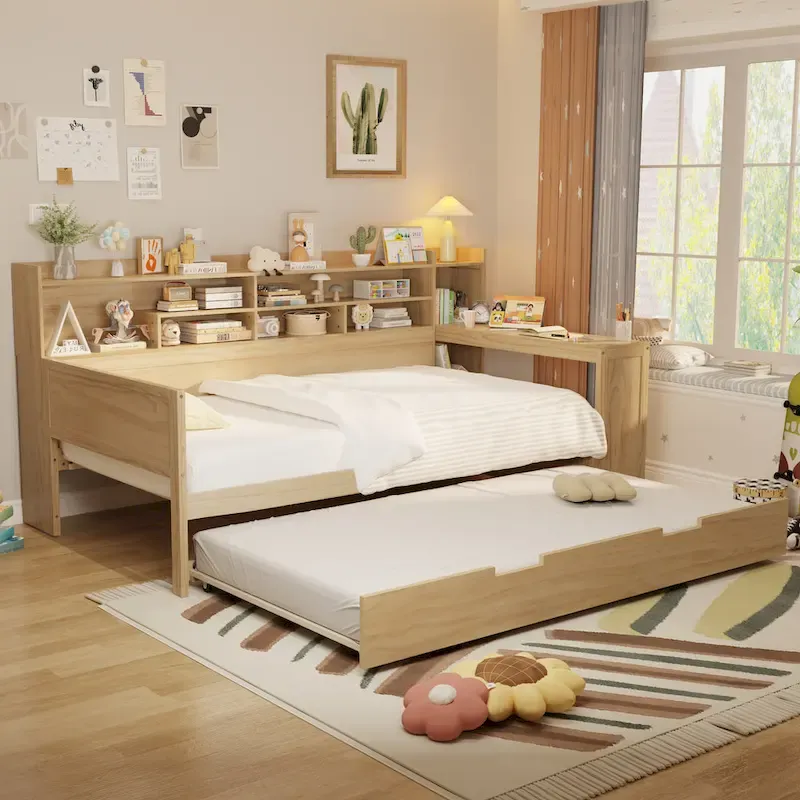 Twin Daybed with Shelves, Trundle & Desk