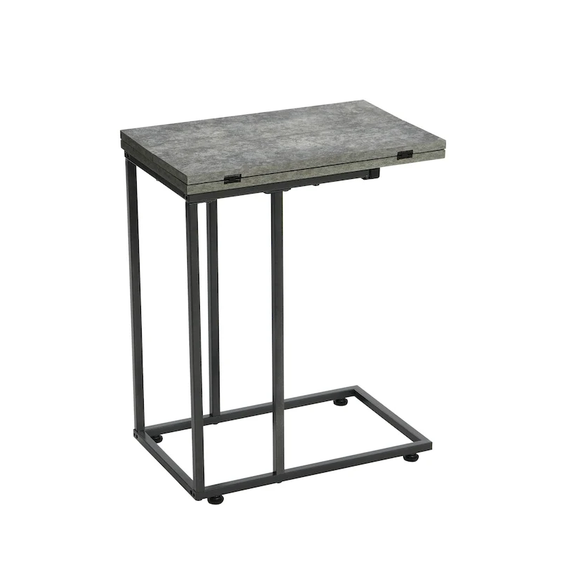 C-Shape Side Table, Faux Stone Top, Black Frame, Space-Saving Design