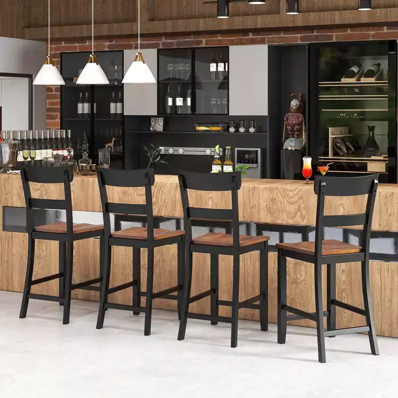 Costway Wooden Bar Stool Set of 4 Bar Chairs with LVL Rubber Wood Frame, Backrest, Footrest Black/White