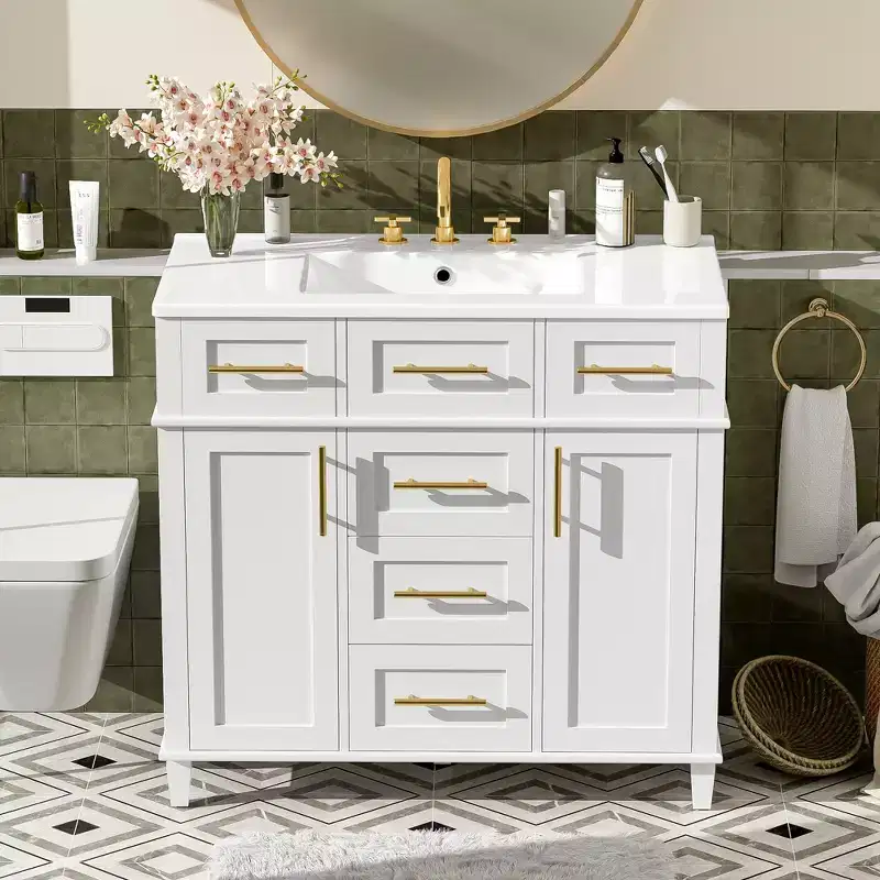 36 White Bathroom Vanity Sink Combo with Drawers, Bathroom Storage Cabinet with and Soft Close Door and Adjustable Shelf