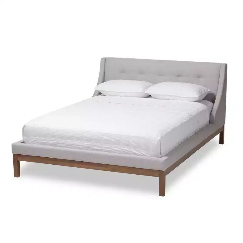 Louvain Modern and Contemporary Fabric Upholstered Walnut - Finished Platform Bed Grayish Beige - Baxton Studio