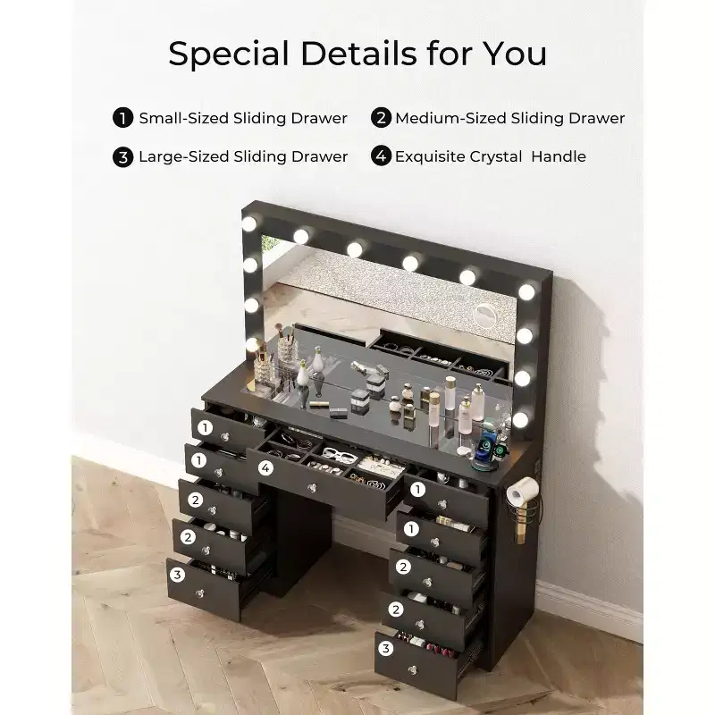 Makeup Vanity with Glass Top, 11 Drawers Vanity with Mirror and 12 LED Lights, Vanity Desk with 3 Lighting Modes Adjustable Brightness