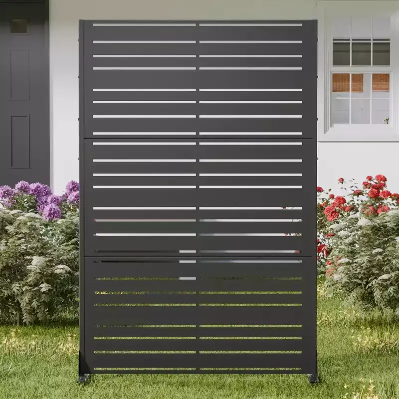 Outdoor Metal Privacy Screen 6ft 4ft Black, 6-Panel Wide-Narrow Louvered Galvanized Iron for Garden