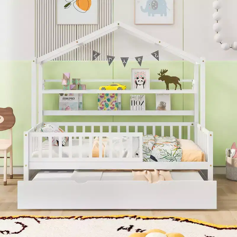 House Bed with Trundle and Storage Shelves, Kids Platform Bed with Fence Rails Wood Playhouse Tent Bed Frame for Girls Boys, White