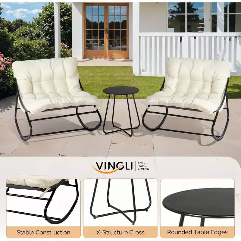 VINGLI Rocking Patio Chairs Set of 2 with Side Table, Heavy Duty 400 LBS Capacity, Padded Outdoor Indoor Rockers, White