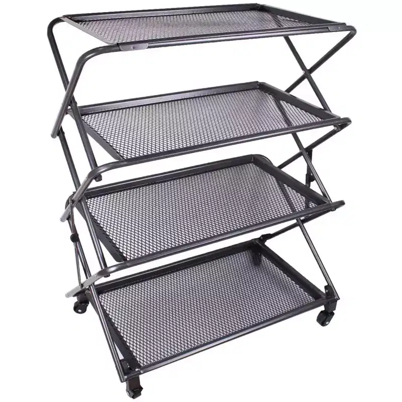 4-Tier Foldable Steel Shelf with Casters, Powder-Coated, Removable Mesh Trays, 39