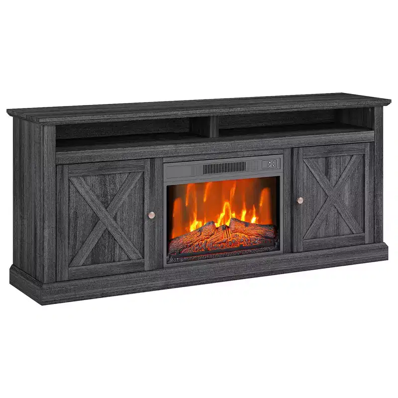 Fireplace TV Stand for 67-inch TVs Fireplace TV Stand with Glass-Door Storage Remote-Controlled, Adjustable Flame Intensity