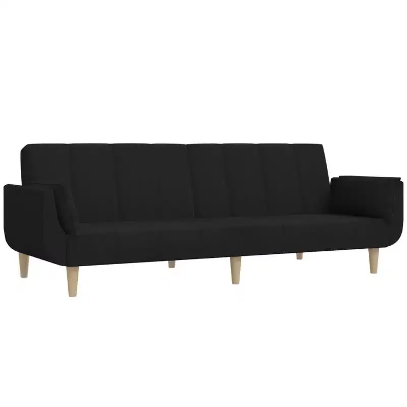 2-Seater Sofa Bed with Two Pillows – Black Fabric, Convertible Guest Sleeper Sofa
