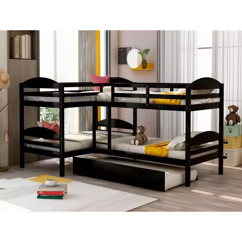 Twin L-Shaped Bunk bed with Trundle-White