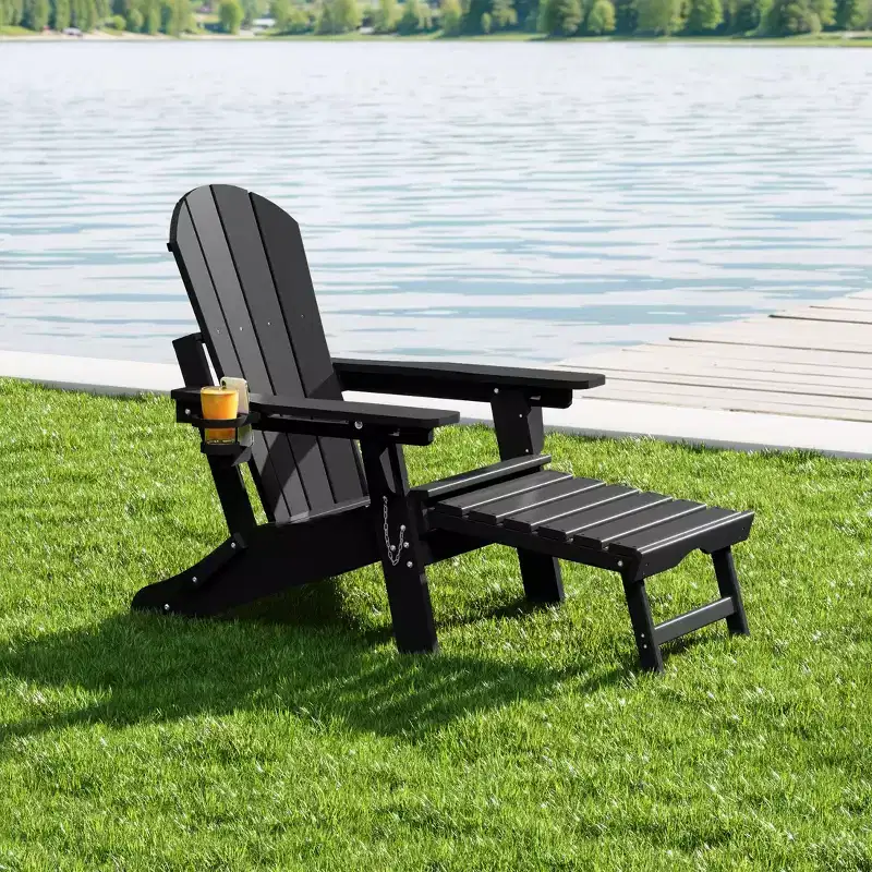 WestinTrends Malibu Folding Adjustable Adirondack Chair with Retractable Ottoman and Cup Holder, Weathered Wood