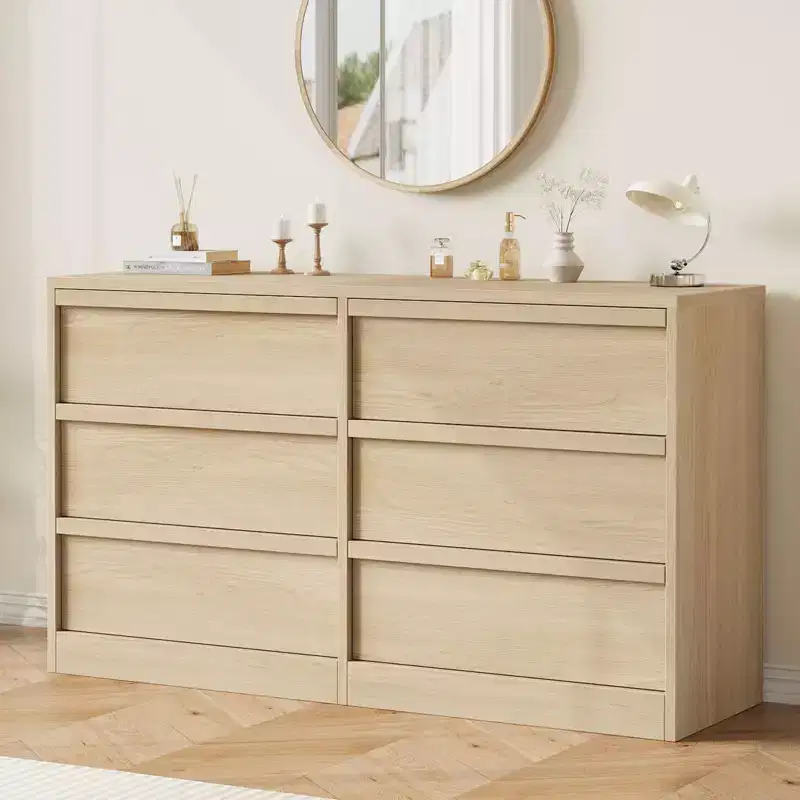 47in Wide Natural Oak 6 Drawer Dresser, Spacious Wooden Chest of Drawers with Large Storage Capacity, for Living Room, Entryway