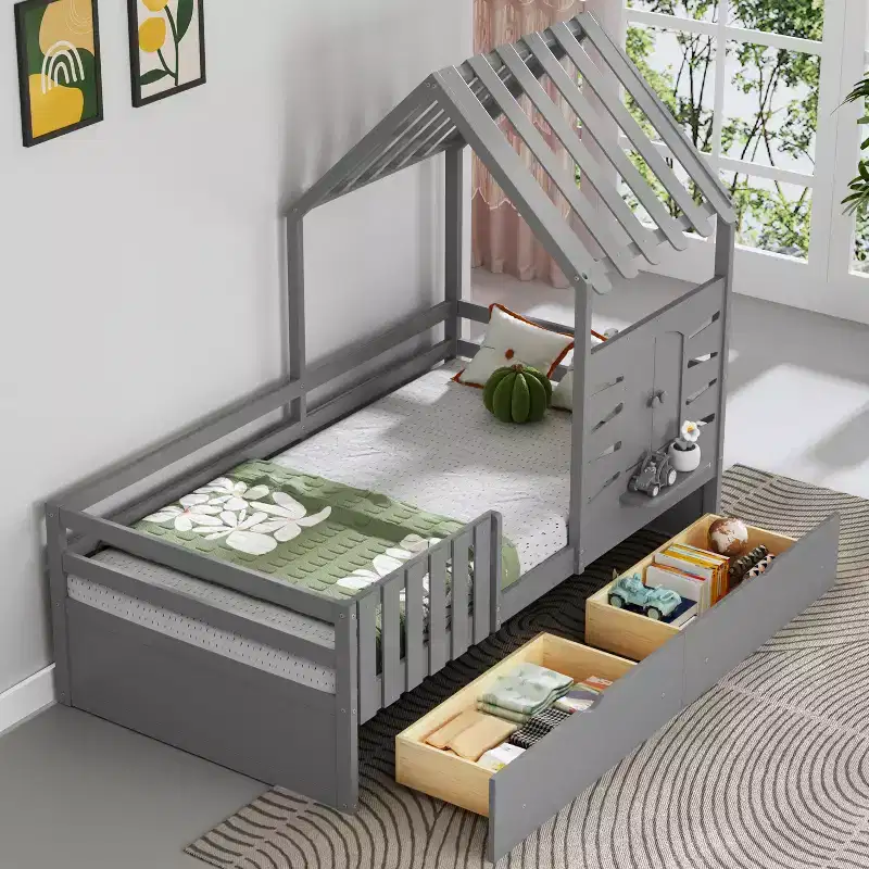 Twin Bed Frames with Roof and Window, Kids Twin Size House Bed with Storage Drawers and Guardrails for Girls & Boys