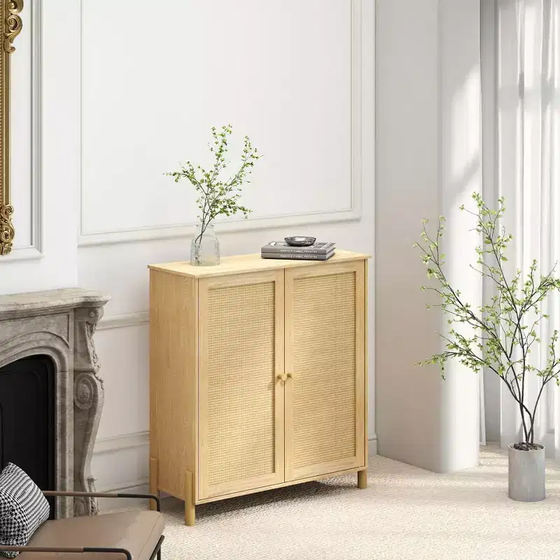 Mid-Century Rattan Storage Cabinet with Adjustable Shelves & Solid Wood Legs - 35.4 in. W