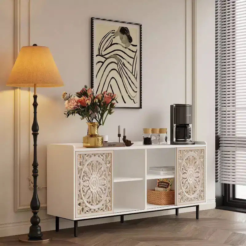 GDFStudio Vesna 58.6'' Mid-Century Modern Hollow-Carved TV Stand with 2 Doors and 2 Shelves