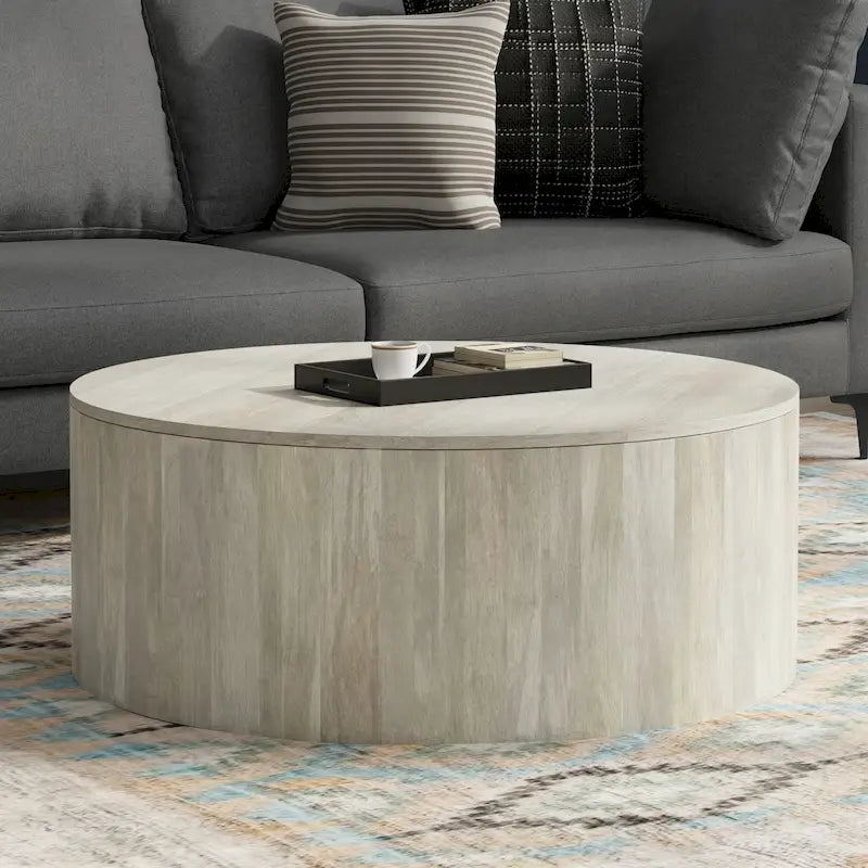 SOLID MANGO WOOD 36 inch Wide Round Contemporary Drum Coffee Table & Fully Assembled - 36d x 36 w x 14h