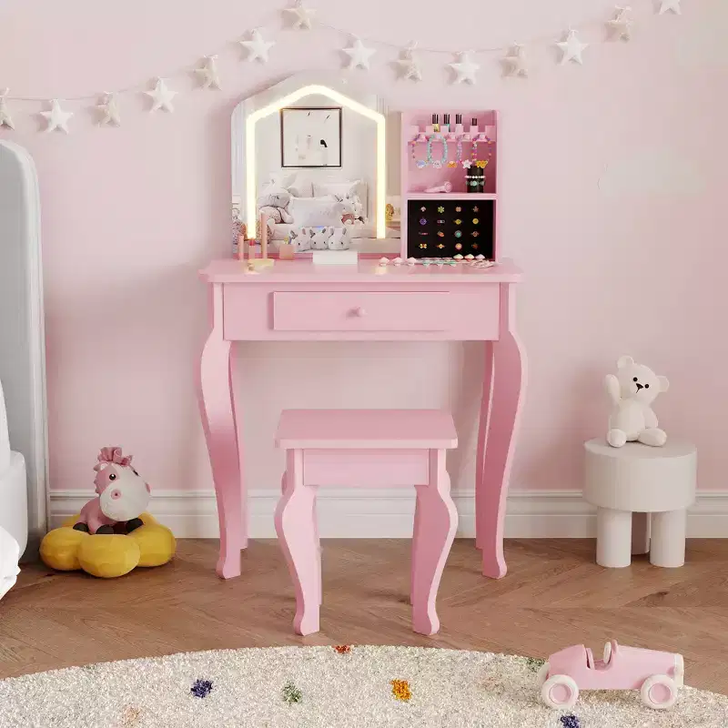 Kids Vanity Set with Stool for Little Girls Ages 3-8-Ideal for Bedroom or Playroom