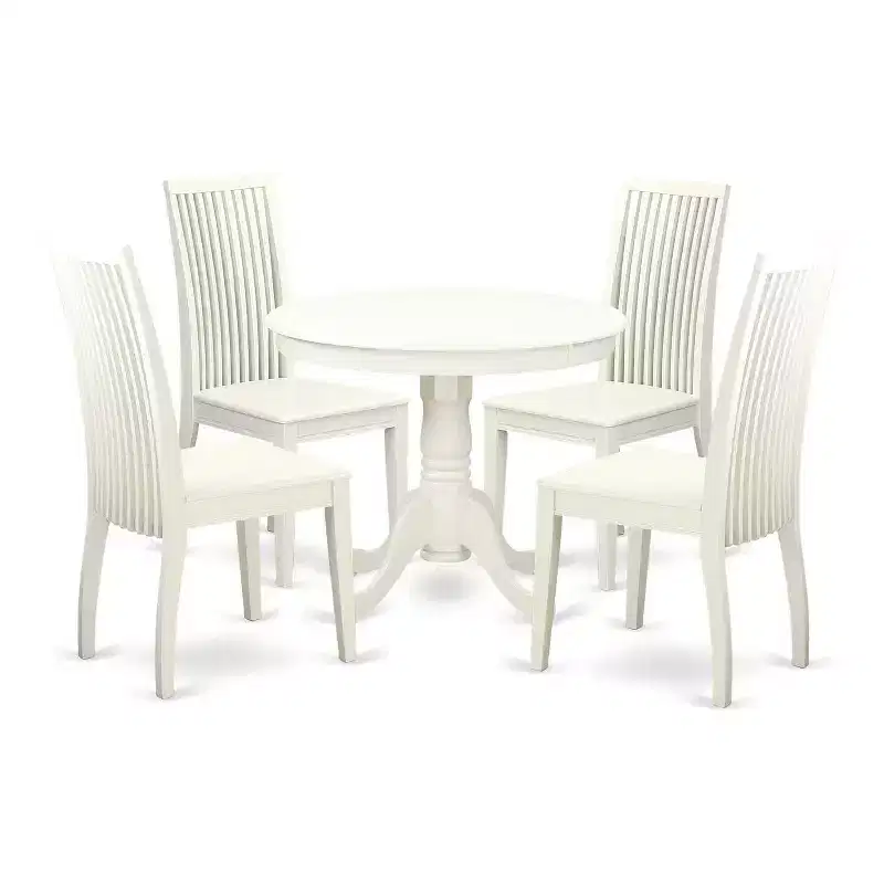Kitchen Table Set 5 Piece Round Dining Table & 4 Chairs Linen White Modern Bistro Set