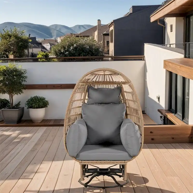 Egg-Shaped Wicker Patio Chair with 360° Swivel, Rocking Base and Cushions