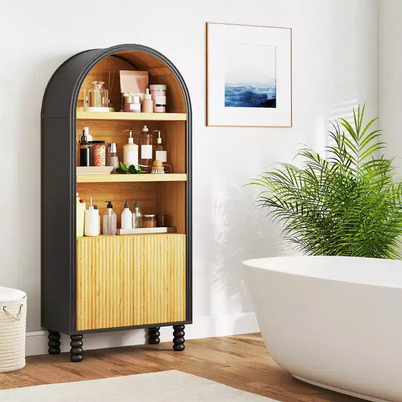 5-Tier Arched Bookcase with Open Shelves and Cabinet