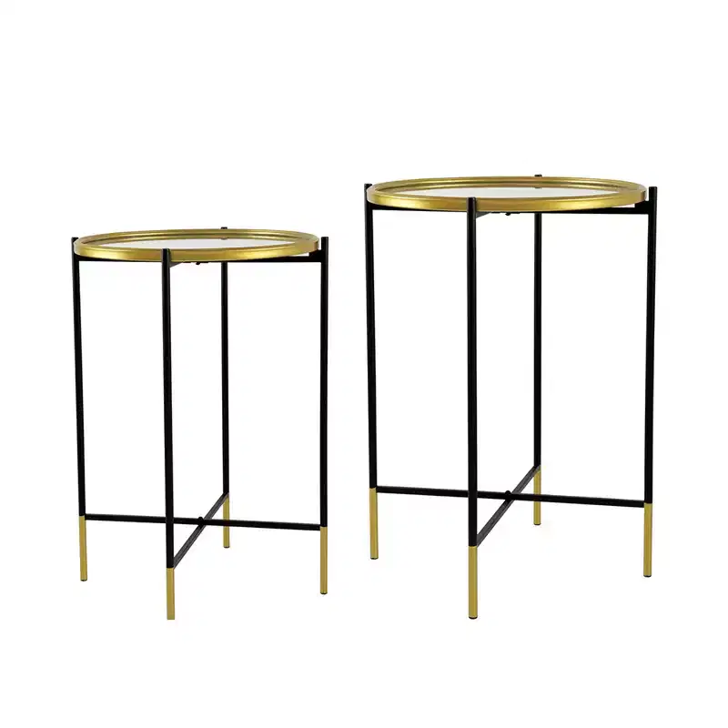 Set of 2 Gold and Black Iron Side Tables with Glass Top
