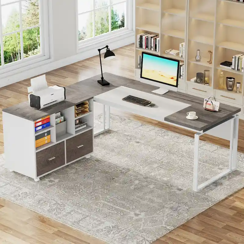 63 L-Shaped Computer Desk Executive Desks with Reversible File Cabinet and Storage Drawers for Home Office