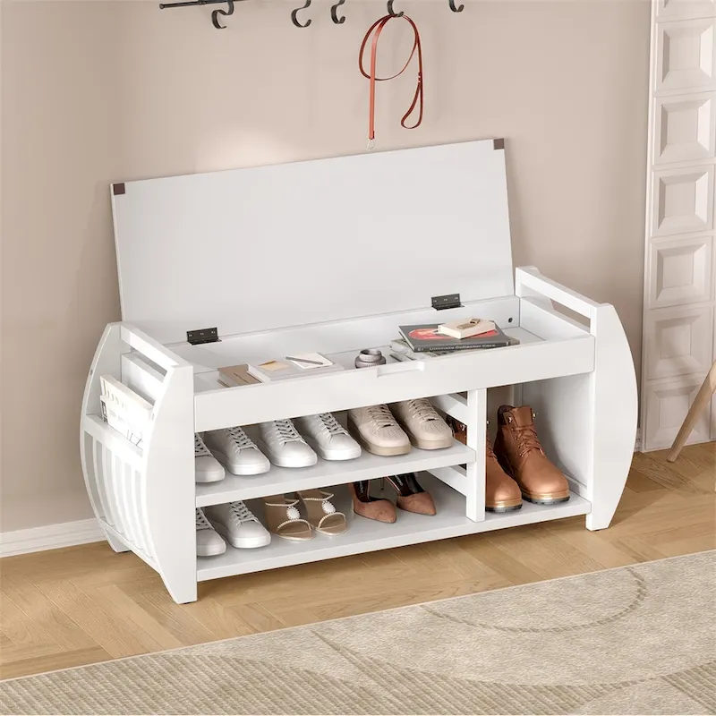 Curved Storage Bench with Cushion & Shoe Rack, 5 Colors, 1-Person