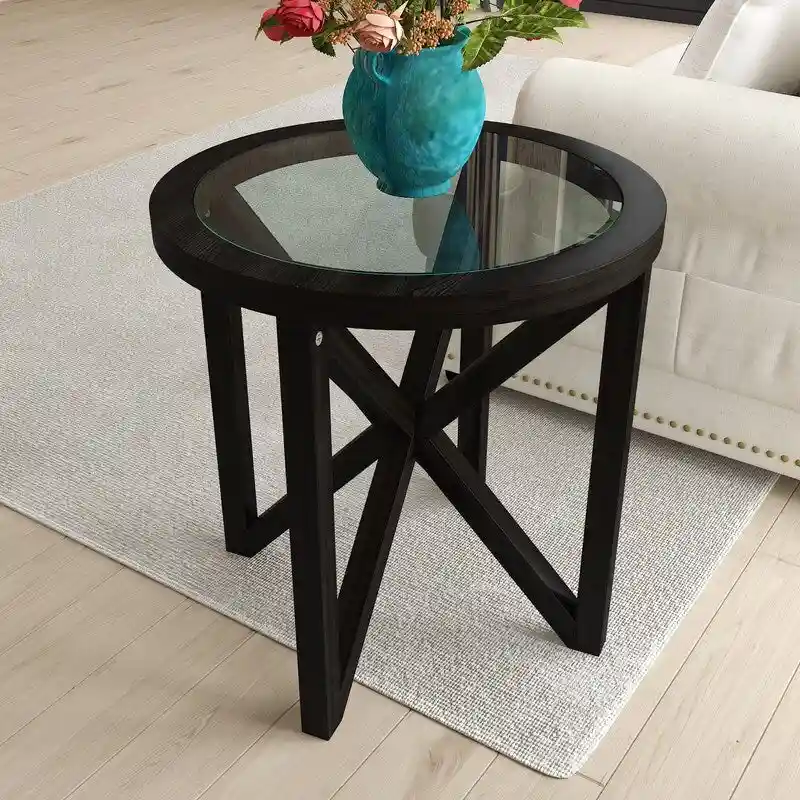Modern simple glass coffee table, tempered glass coffee table solid wood base round transparent glass top