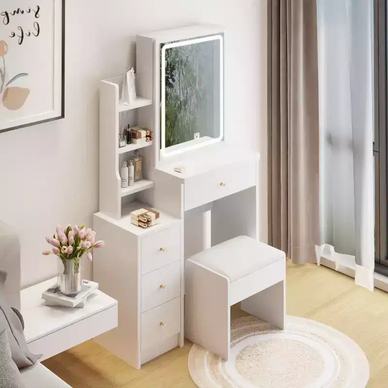 Okak Sliding Mirror Vanity Desk, Space-Saving Makeup Table with Hidden Storage, 3 Lighting Modes & Cushioned Stool for Small Bedrooms