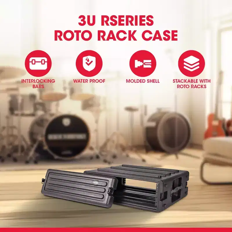 SKB 3U Roto Rack Case - Durable Polyethylene Gear Protector, Stackable, Waterproof with Twist Latches & Rubber Feet for Musicians, Black