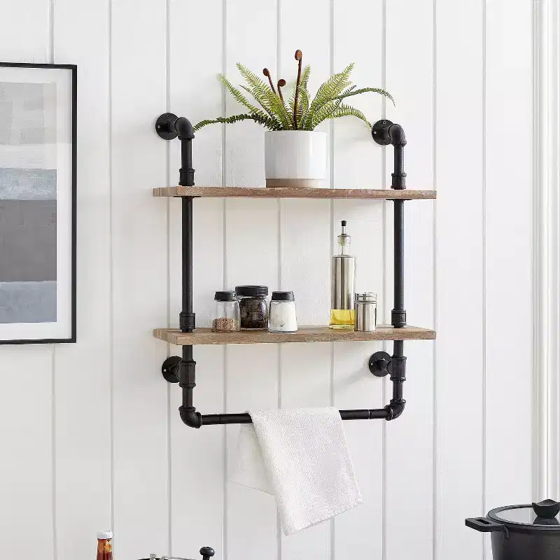 Danya B. 2-Tier Olivia Pipe Wall Shelf Unit with Hanging Rod Black/Rustic: Laminated Iron Storage, Includes Mounting Hardware