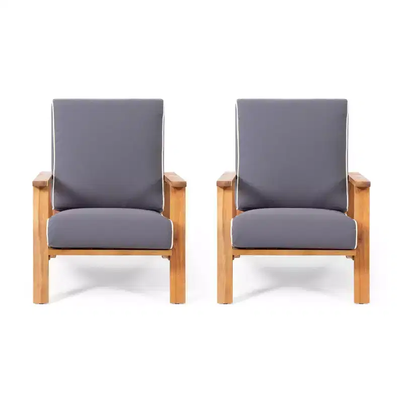 Paloma 2pk Outdoor Acacia Wood Club Chairs with Cushions - Teak/Dark Gray - Christopher Knight Home