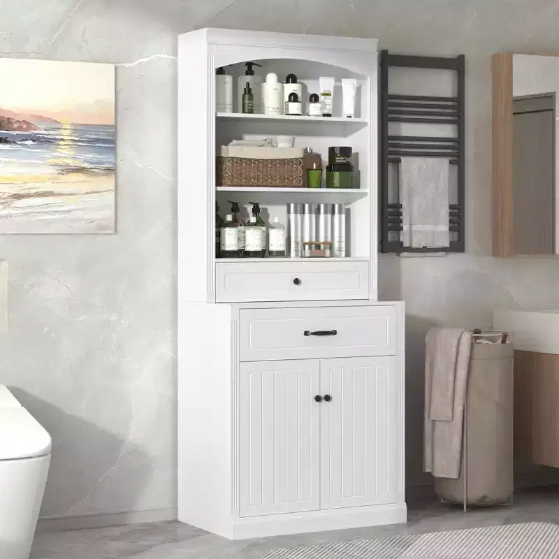 MAYEERTY White Bathroom Cabinet 4 Doors Drawers Adjustable Shelf 6 Open Shelves MDF Combo