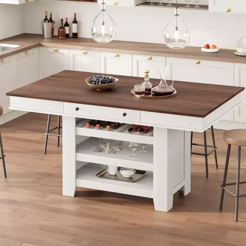 Farmhouse Dining Table for 4-6, Counter Height Wooden Kitchen Table with Storage Shelves & Drawer for Dining Room Apartment