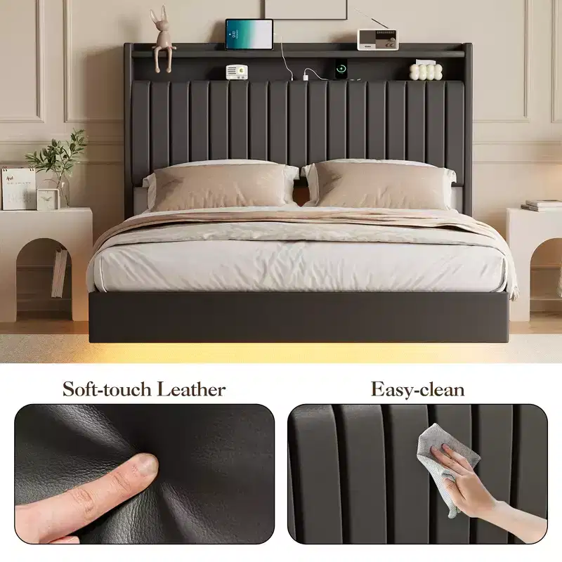Floating bed frame, modern upholstered platform bed with storage headboard and lamp, wooden slat support, no box spring required, easy to assemble