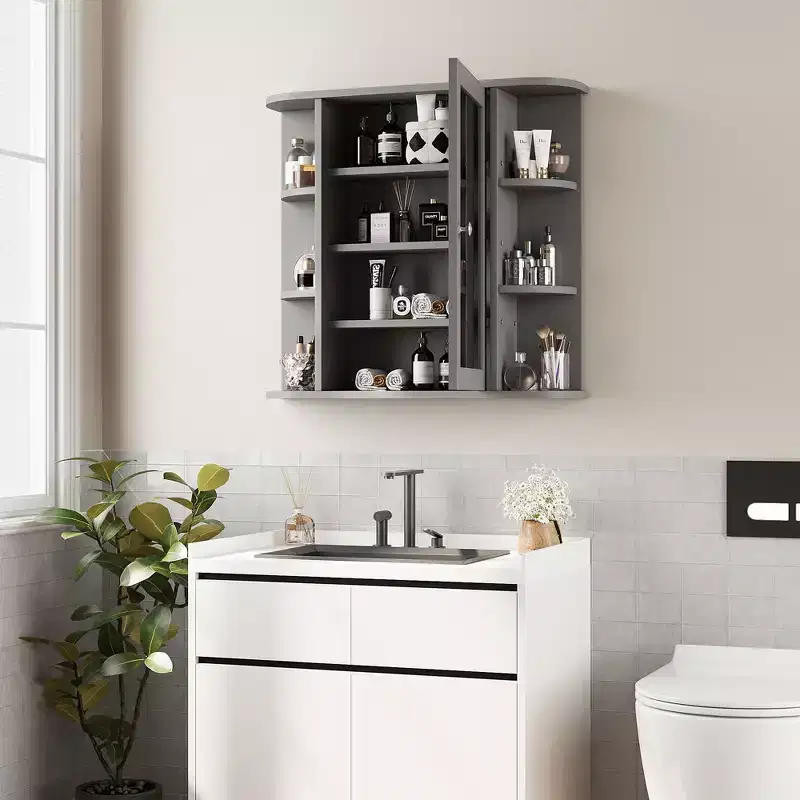 Bathroom Mirror Cabinet Wall Mounted, Bathroom Wall Medicine Cabinet With Mirror And 6 Open Shelves