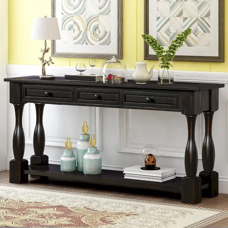 Nestfair 64 in. W Console Table with Drawers and Shelf
